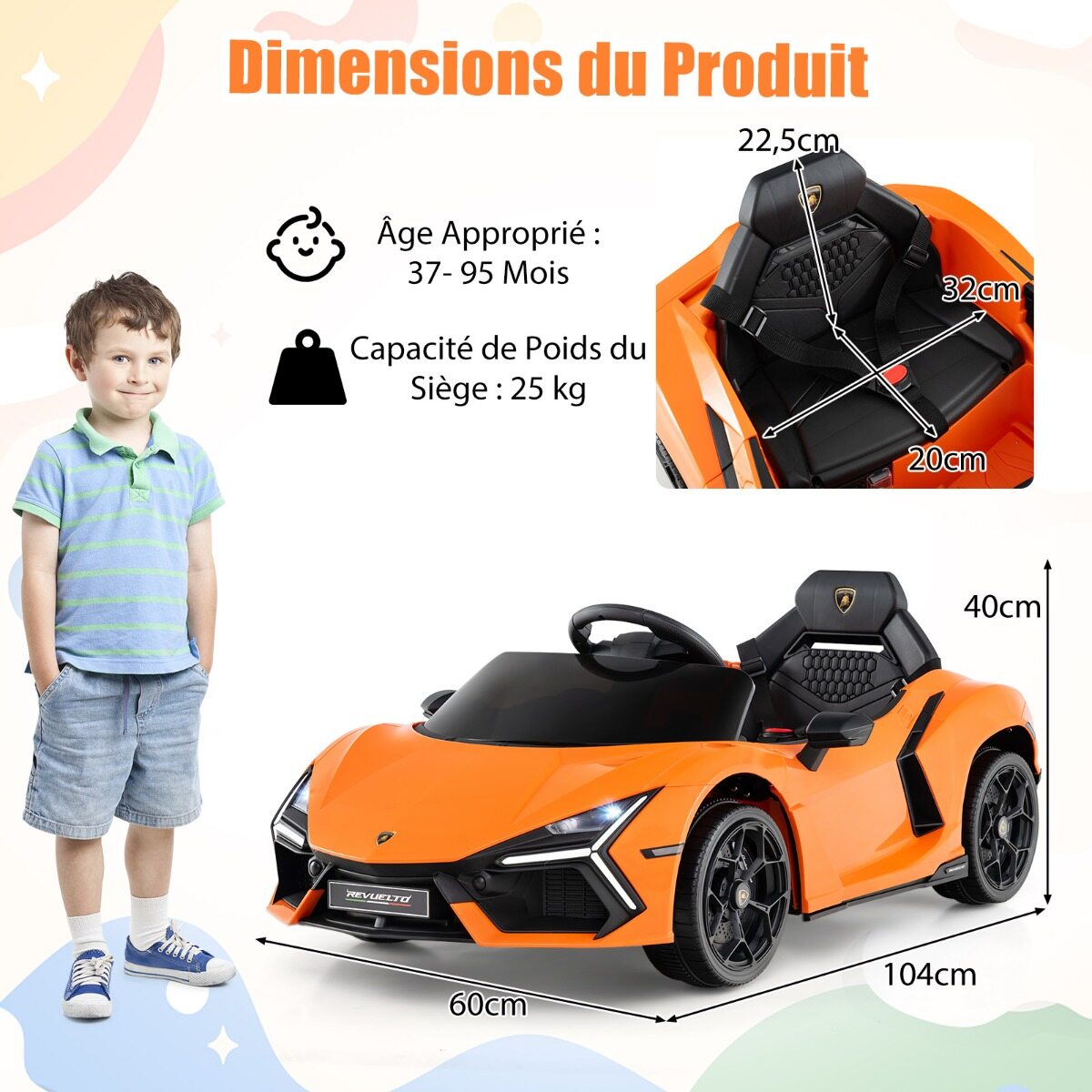 12 V elektriauto lastele, litsentseeritud Lamborghini Revuelto puldiga hüdrauliliste ustega, 37–95 kuud, oranž