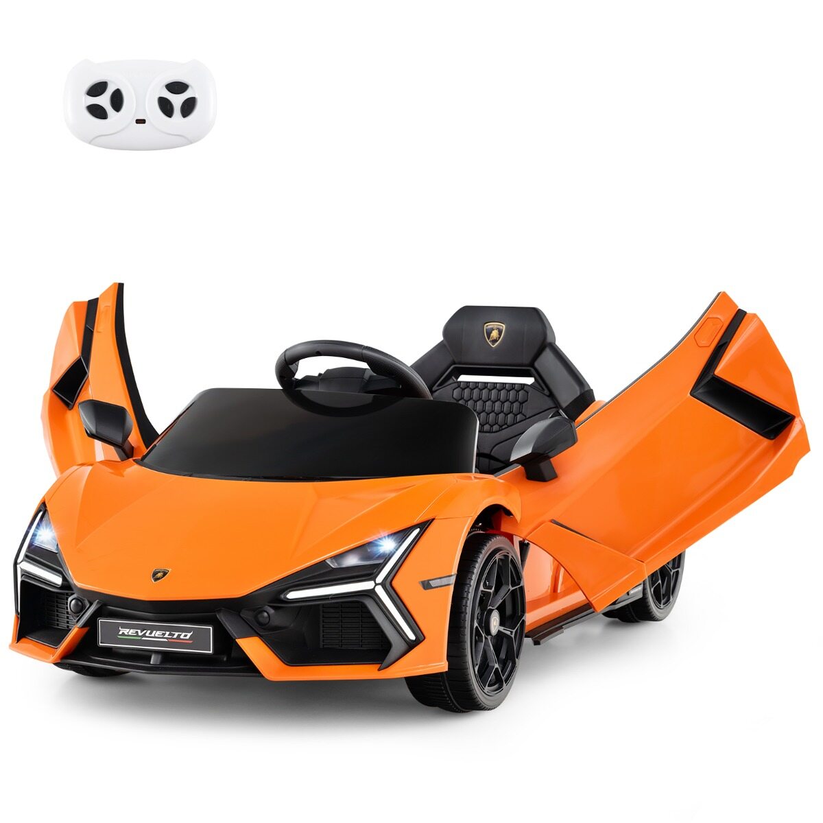 12 V elektriauto lastele, litsentseeritud Lamborghini Revuelto puldiga hüdrauliliste ustega, 37–95 kuud, oranž