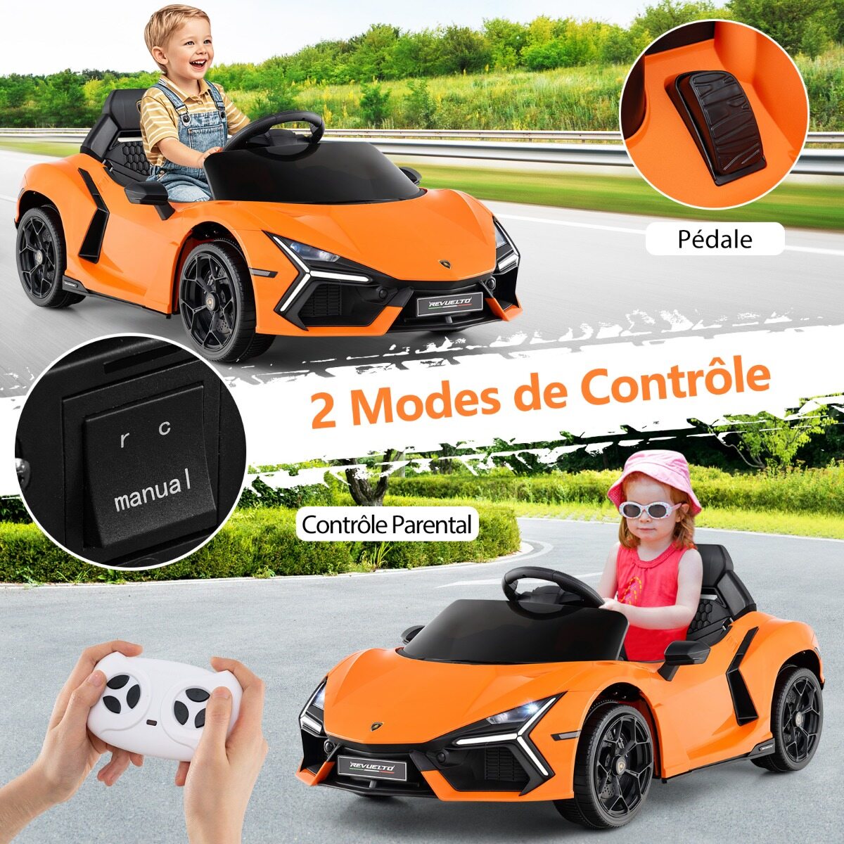 12 V elektriauto lastele, litsentseeritud Lamborghini Revuelto puldiga hüdrauliliste ustega, 37–95 kuud, oranž