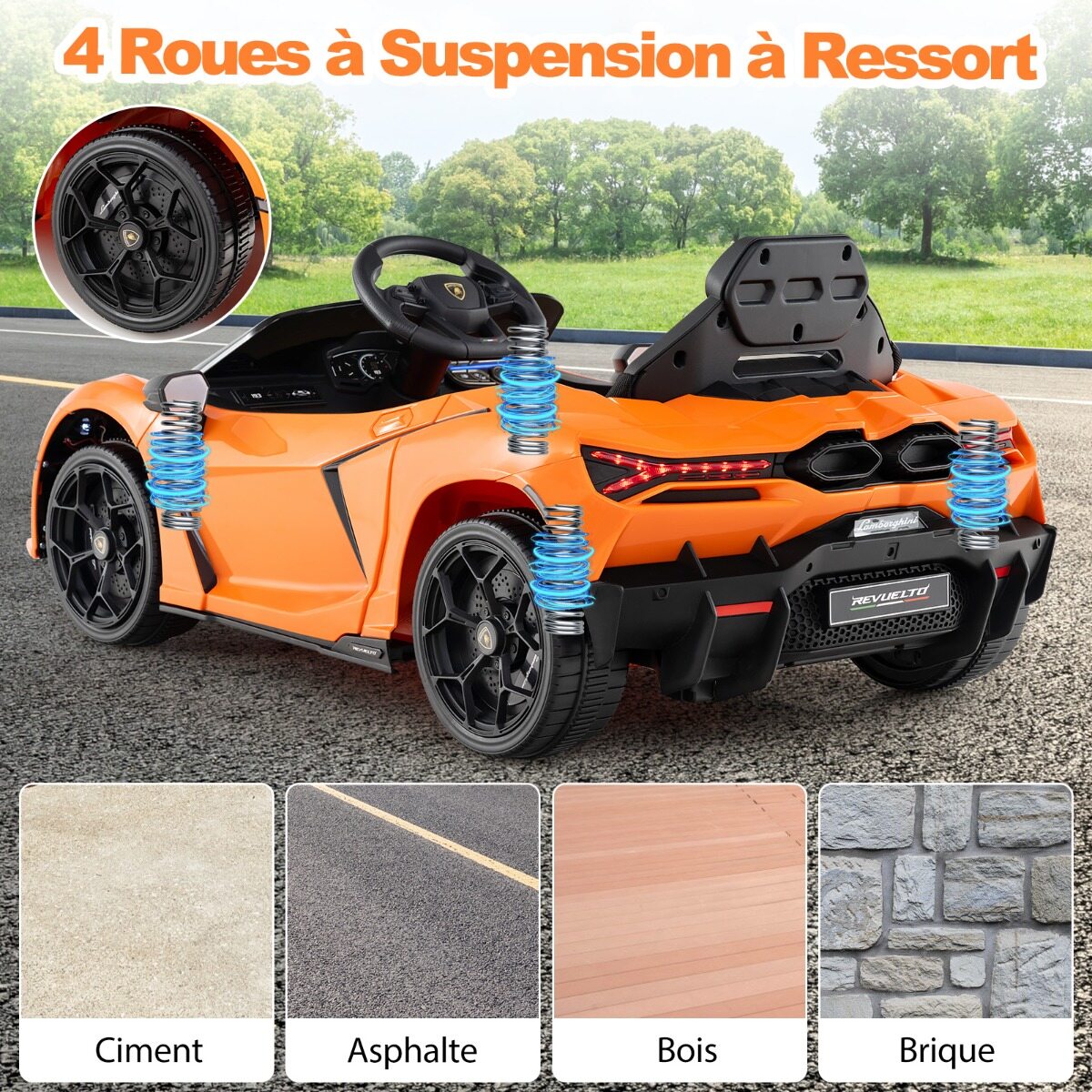 12 V elektriauto lastele, litsentseeritud Lamborghini Revuelto puldiga hüdrauliliste ustega, 37–95 kuud, oranž