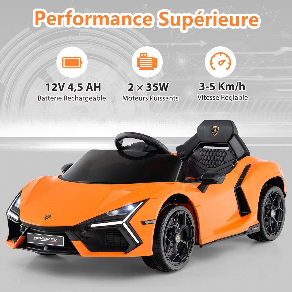 12 V elektriauto lastele, litsentseeritud Lamborghini Revuelto puldiga hüdrauliliste ustega, 37–95 kuud, oranž