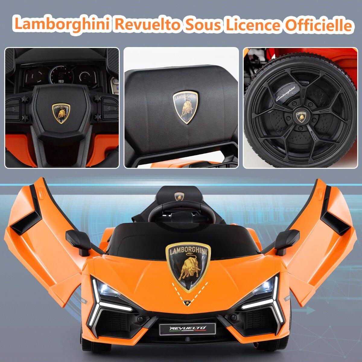 12 V elektriauto lastele, litsentseeritud Lamborghini Revuelto puldiga hüdrauliliste ustega, 37–95 kuud, oranž