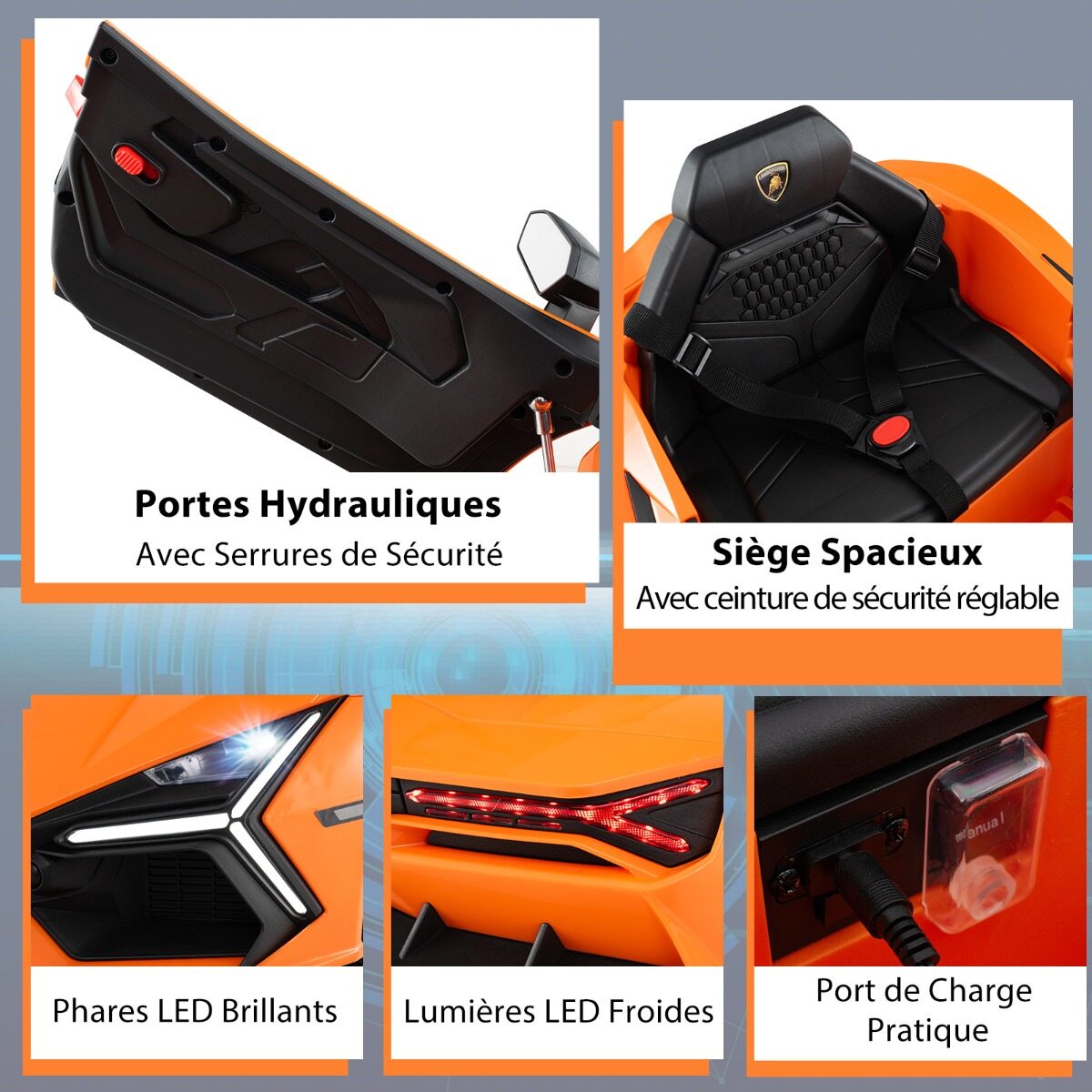 12 V elektriauto lastele, litsentseeritud Lamborghini Revuelto puldiga hüdrauliliste ustega, 37–95 kuud, oranž