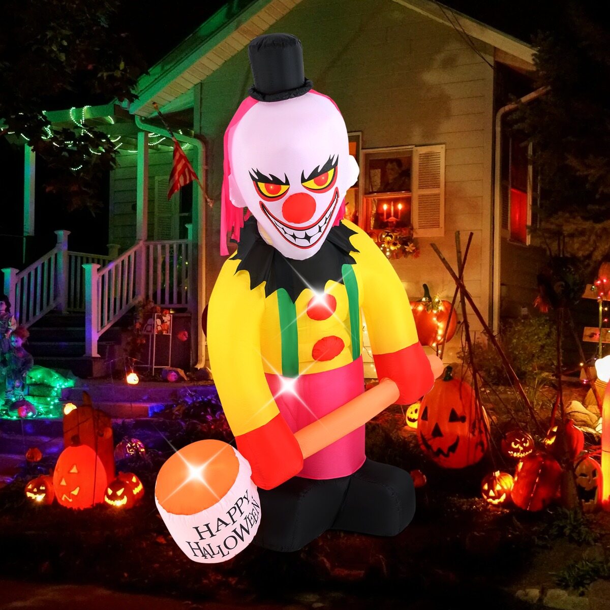180 x 240 cm täispuhutav kloun LED-valgustusega pea ja vilkuvate silmadega, halloweeni kaunistus, mitmevärviline
