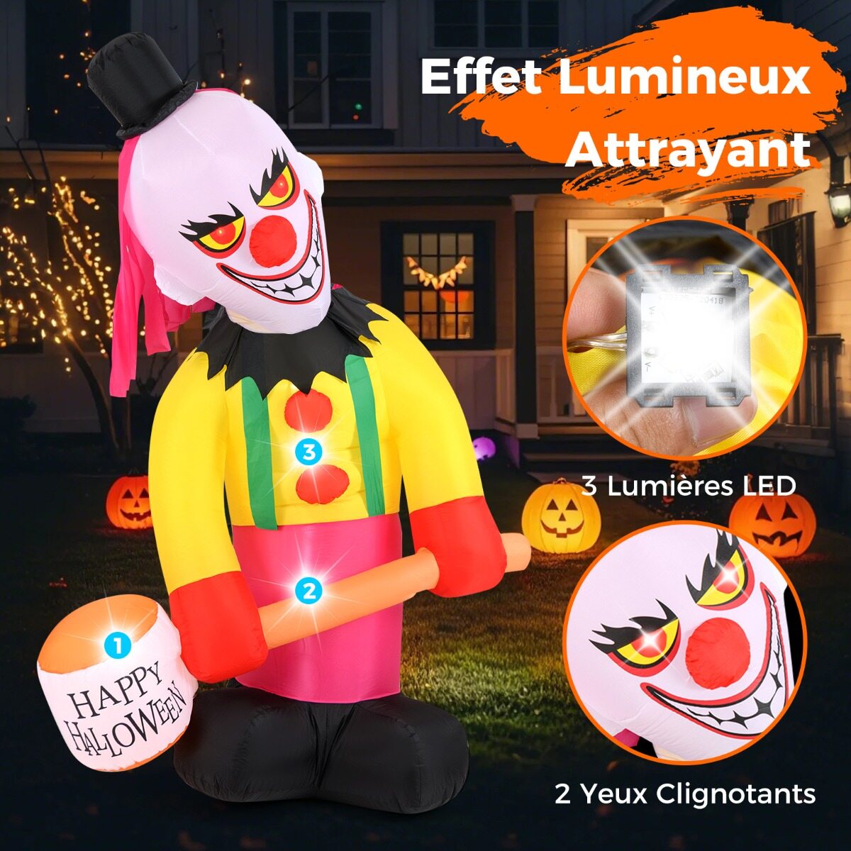 180 x 240 cm täispuhutav kloun LED-valgustusega pea ja vilkuvate silmadega, halloweeni kaunistus, mitmevärviline