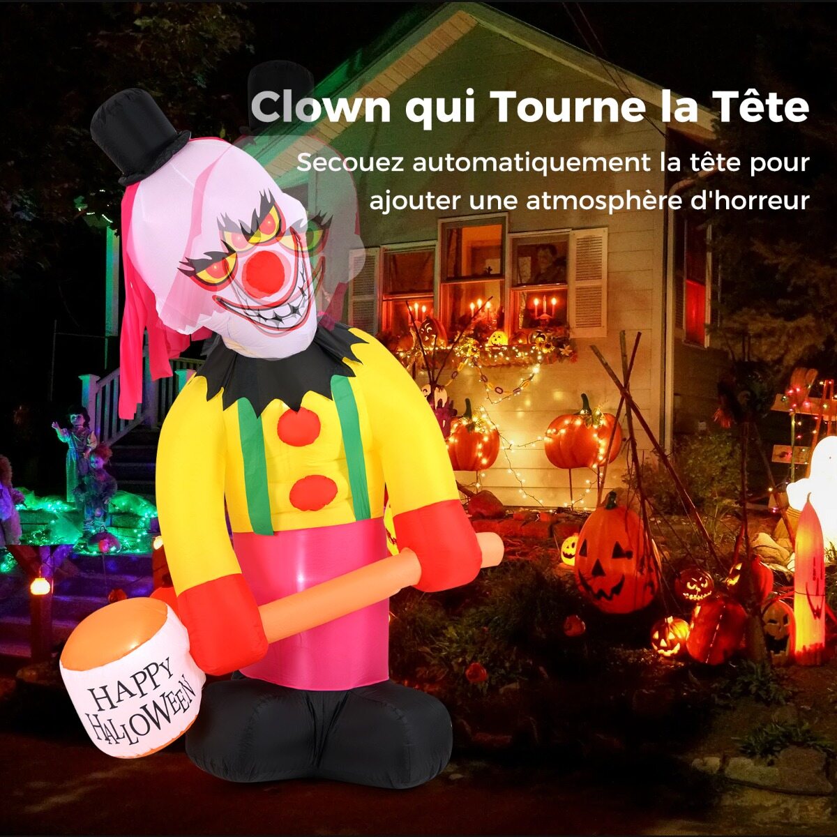 180 x 240 cm täispuhutav kloun LED-valgustusega pea ja vilkuvate silmadega, halloweeni kaunistus, mitmevärviline