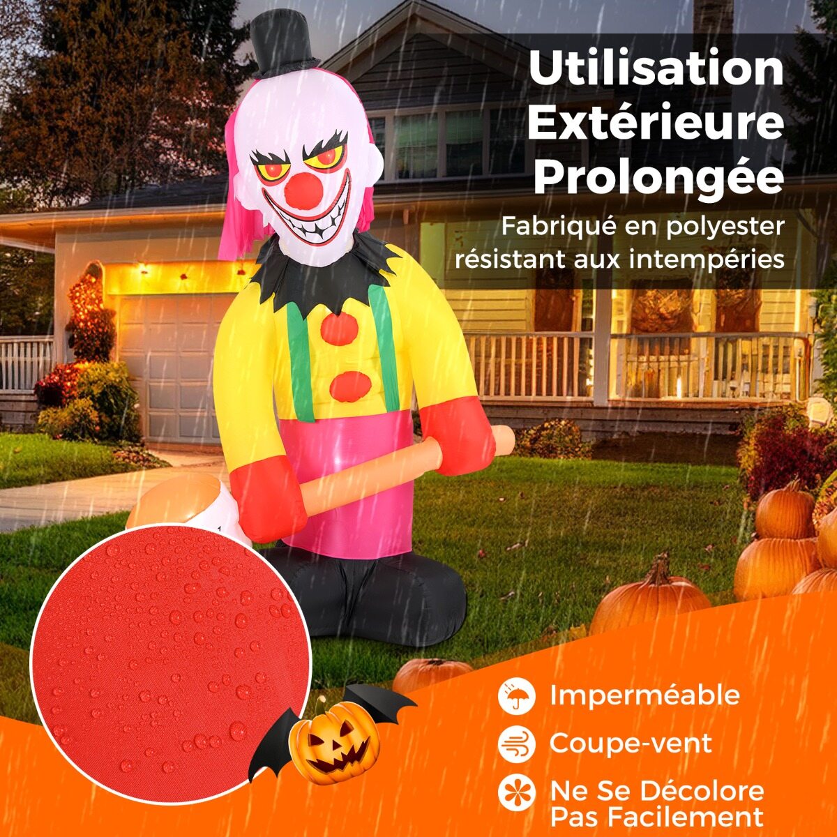 180 x 240 cm täispuhutav kloun LED-valgustusega pea ja vilkuvate silmadega, halloweeni kaunistus, mitmevärviline