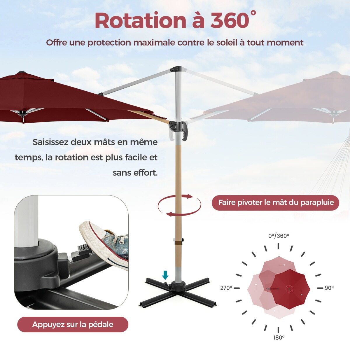 325 cm õue terrassivari 360° pöörlemisega - punane