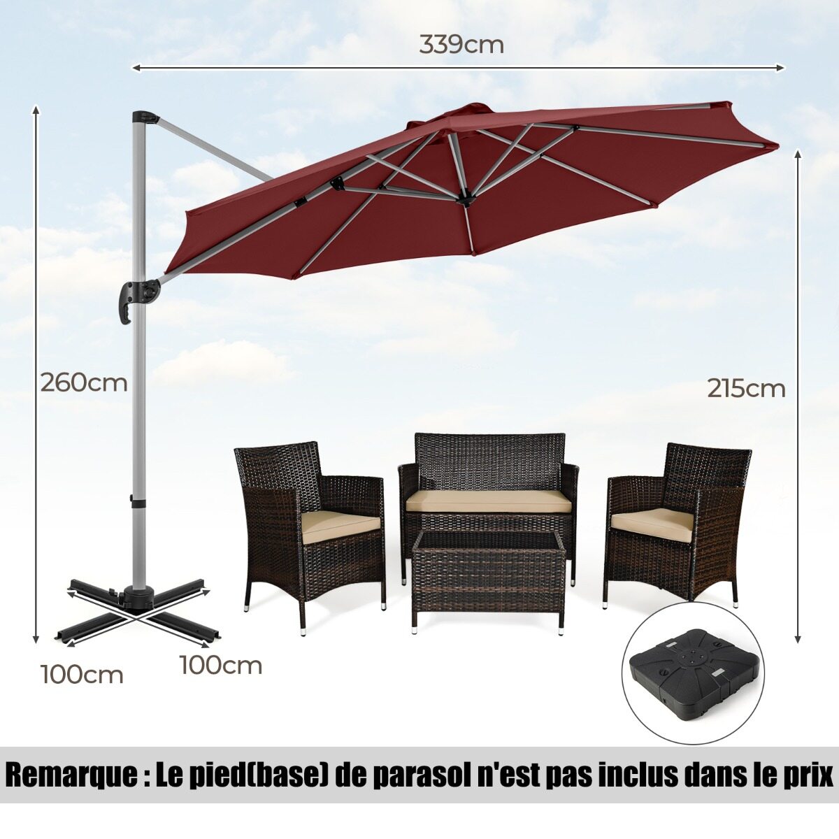 325 cm õue terrassivari 360° pöörlemisega - punane