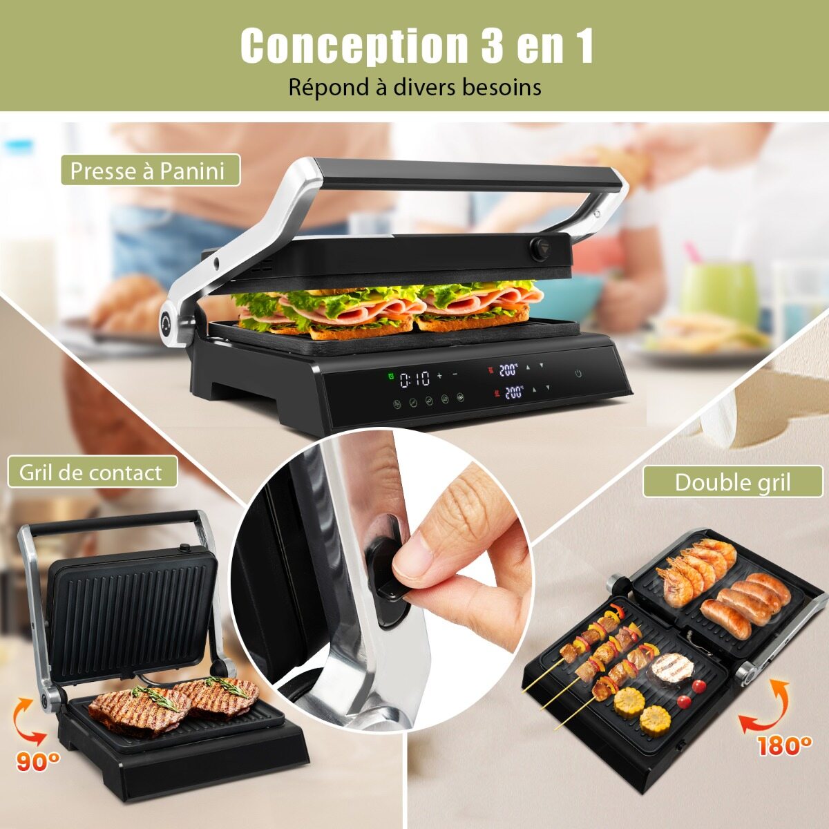 3-ühes 1200 W panini-pressgrill mittenakkuvate plaatidega, elektrigrill