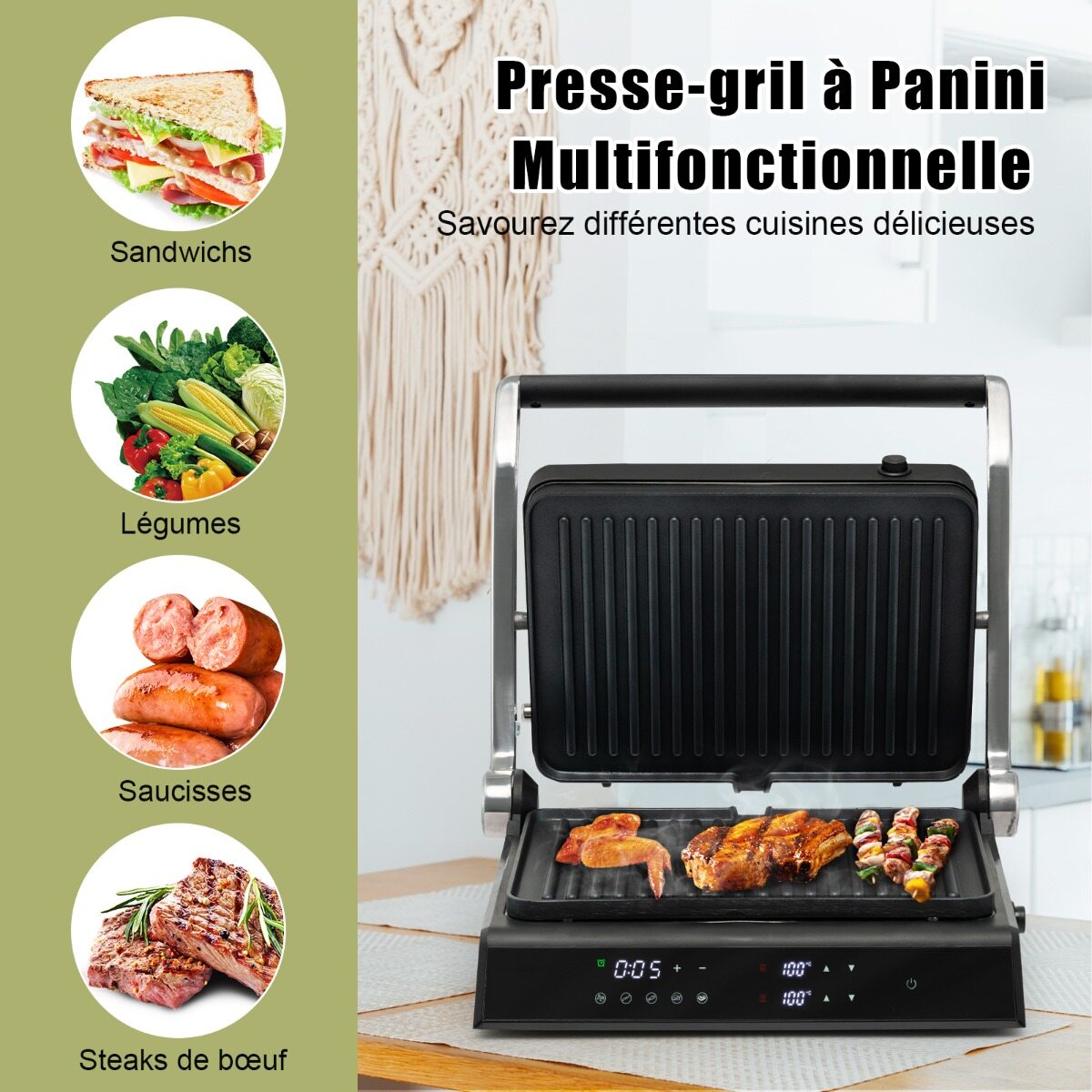 3-ühes 1200 W panini-pressgrill mittenakkuvate plaatidega, elektrigrill