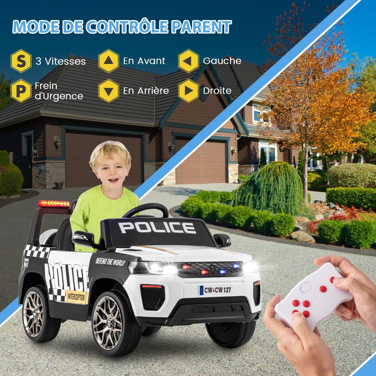 12 V laste elektriauto, politsei elektriline lasteauto puldiga, elektriauto lastele alates 3. eluaastast, valge