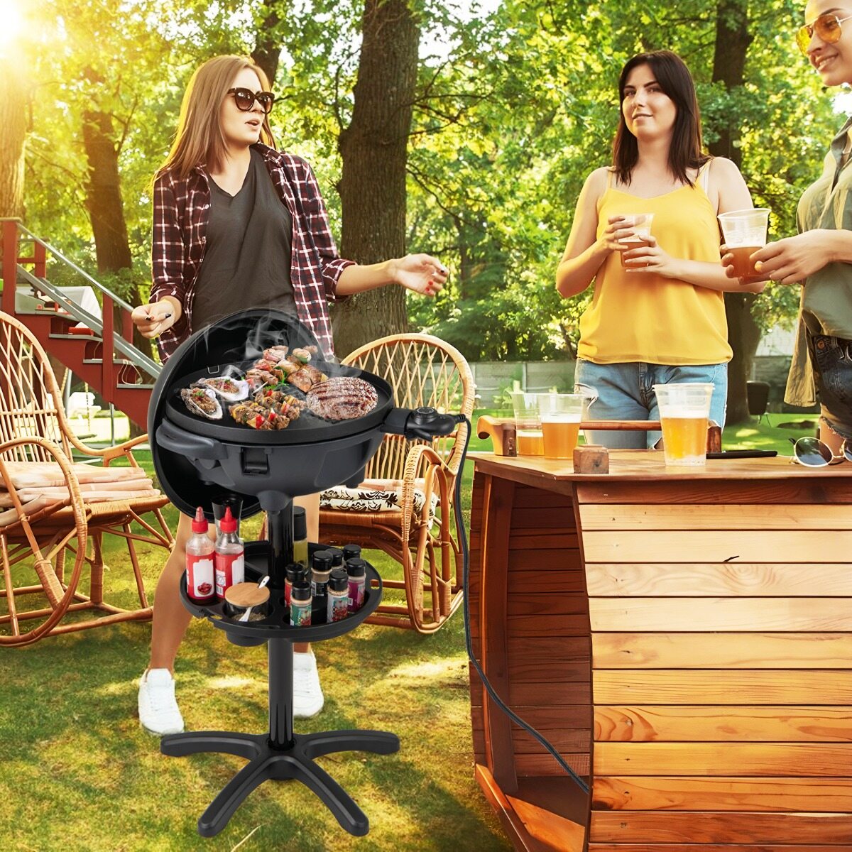 1200 W elektrigrill sise- ja välistingimustes kasutamiseks, 2-tsooniline mittenakkuva kattega küpsetusplaat, reguleeritav temperatuur, aed, must