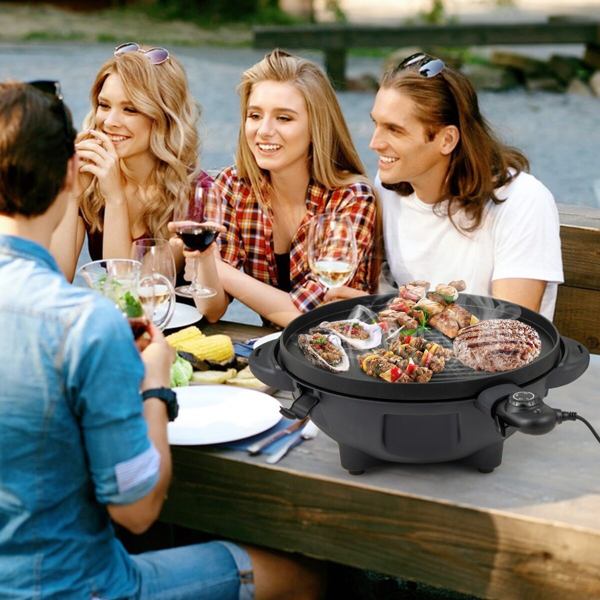 1200 W elektrigrill sise- ja välistingimustes kasutamiseks, 2-tsooniline mittenakkuva kattega küpsetusplaat, reguleeritav temperatuur, aed, must