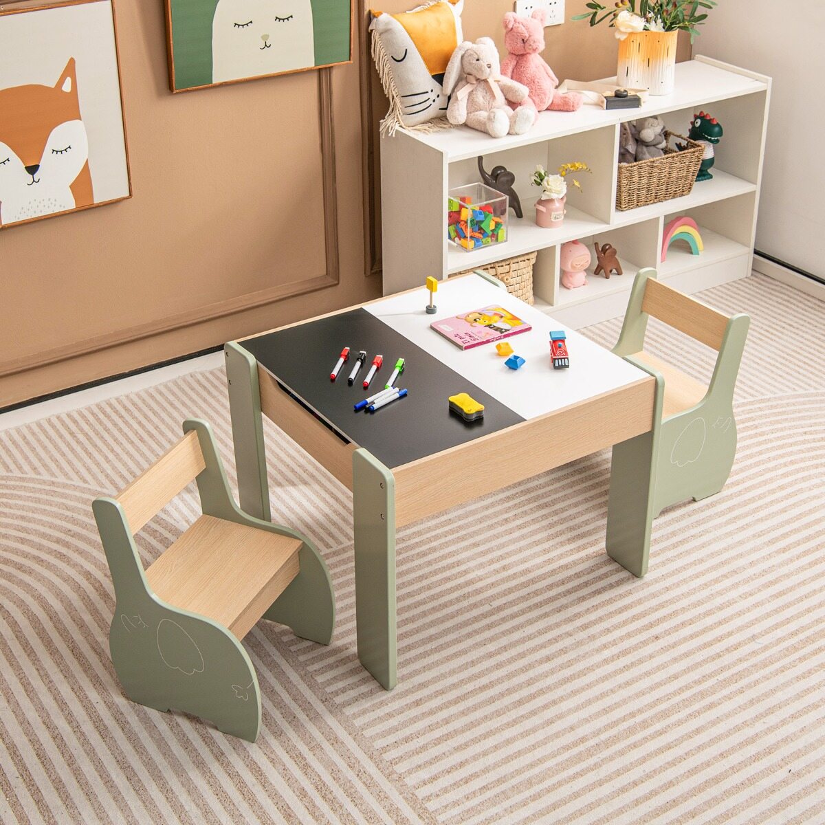 4 in 1 3 pcs. Wooden Children's Lounge Set With Removable Panel & Storage Green