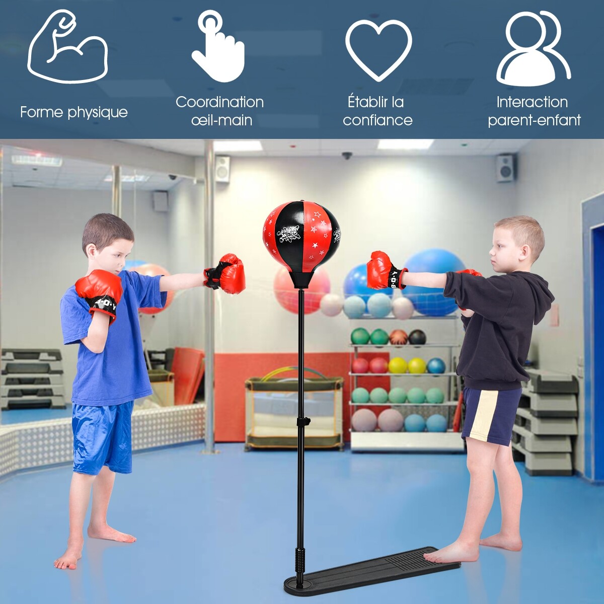 Lastele mõeldud poksipall reguleeritava kõrgusega 85–130 cm, pump ja poksikindad komplektis