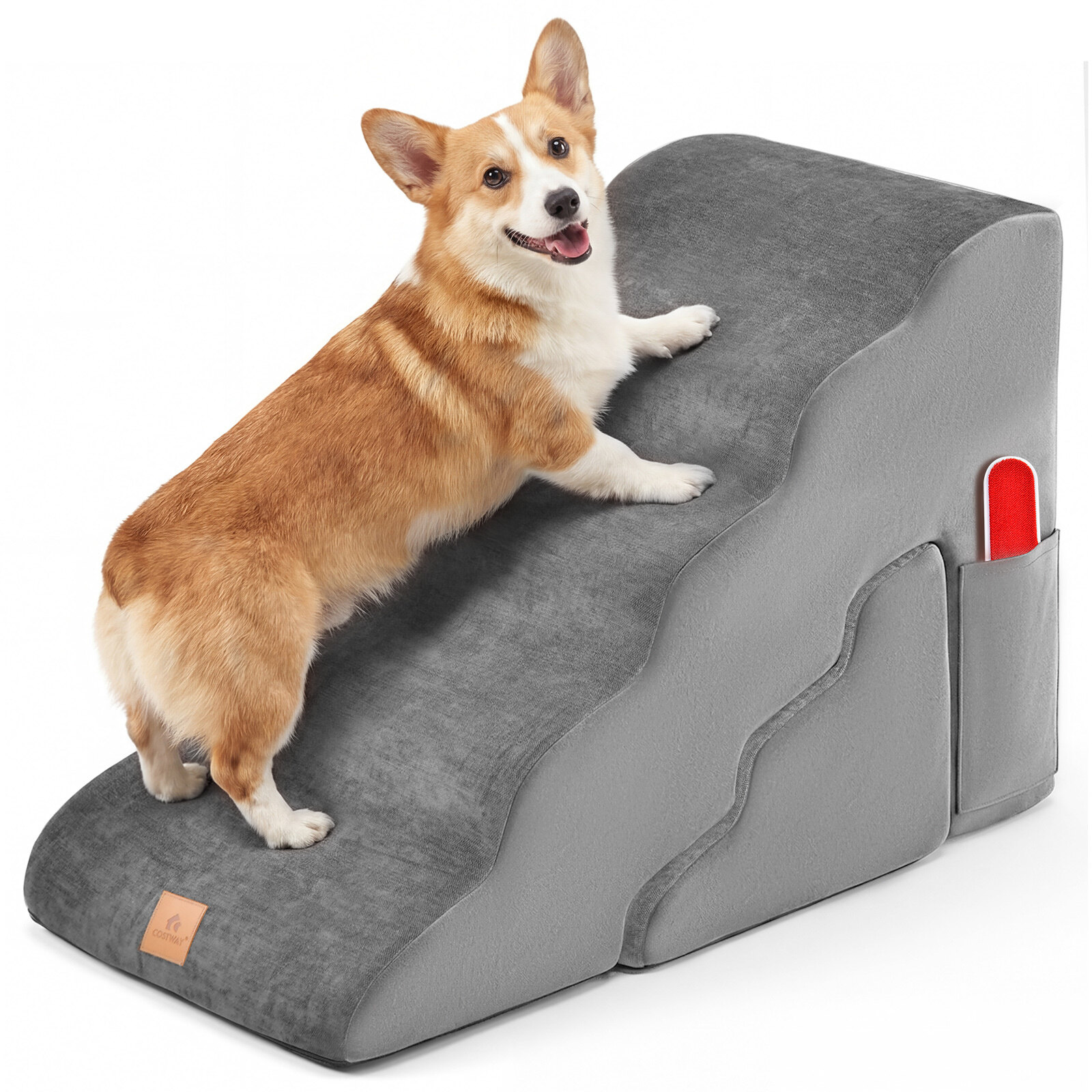 Set of 2 Pet Stairs, 5/3 Steps, Foam Ramp for Dogs/Cats, Non-Slip Bottom, Removable Cover, Side Pocket, Gray
