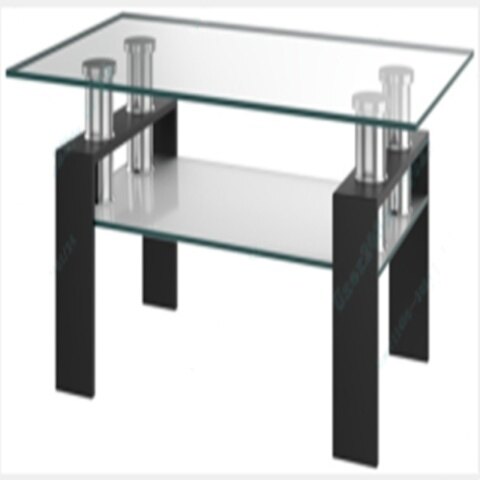 Disainklaasist kohvilaud riiuliga, karastatud klaasist pealispind, roostevabast terasest toru, terasest jalad, 99x60x44,5 cm, kuni 130 kg, must