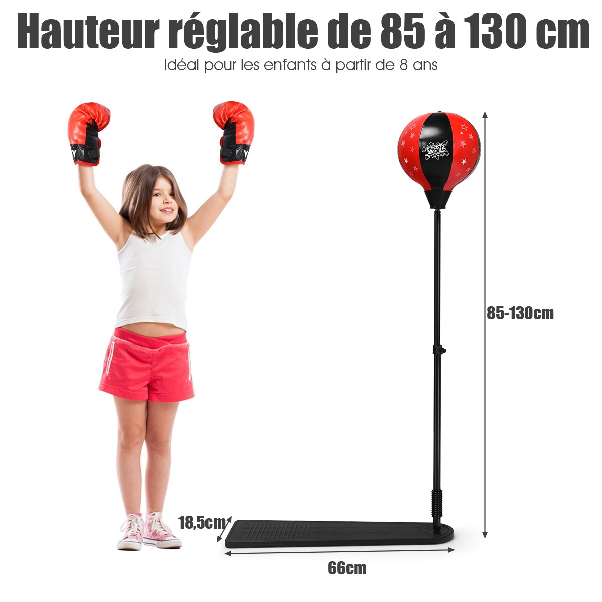Lastele mõeldud poksipall reguleeritava kõrgusega 85–130 cm, pump ja poksikindad komplektis