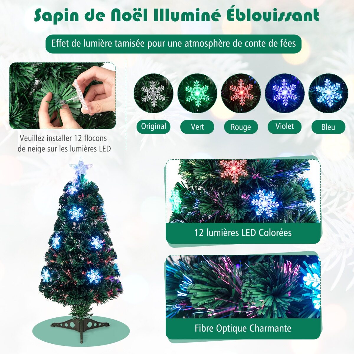 Kunstlik jõulupuu 90 cm LED-tulede ja alusega PVC plastist metallist jõulupuu lumehelvestega, roheline