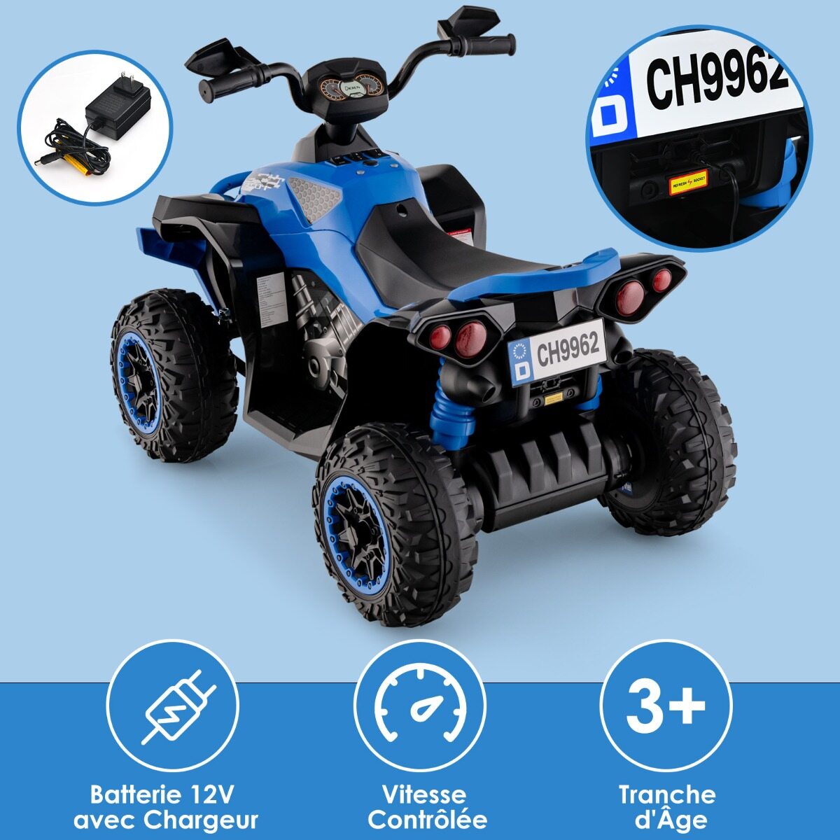 12 V elektriline laste ATV helisignaali ja LED-esitulega, sinine