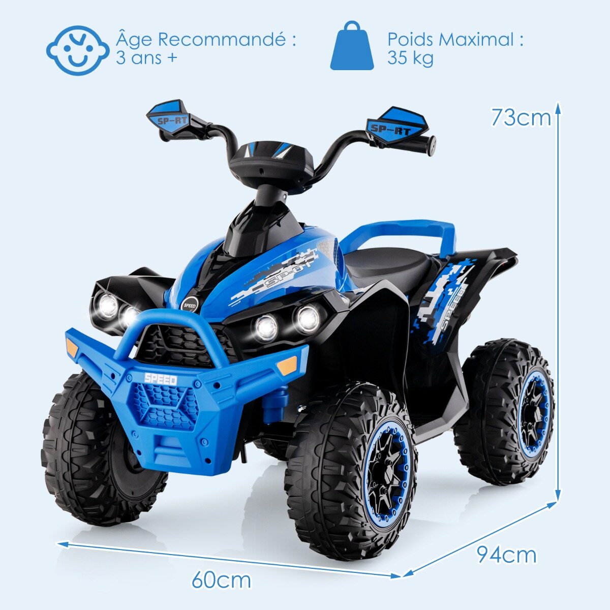 12 V elektriline laste ATV helisignaali ja LED-esitulega, sinine