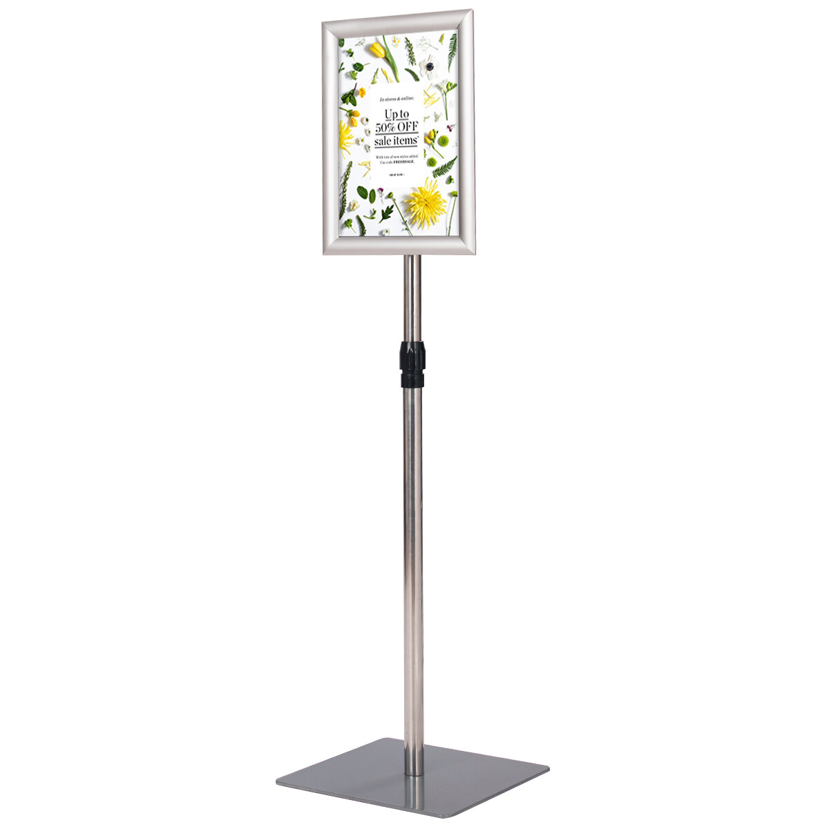 Tugev plakatialus, 2 tk komplekt, 360° pöörlev põrandaalus, reguleeritav kõrgus 74–118 cm, raskusega alus, hõbedane stend