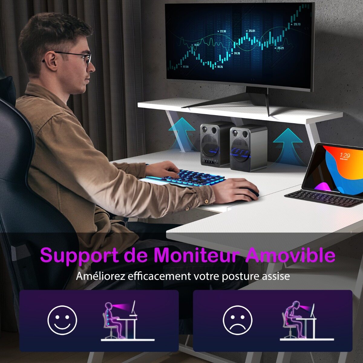 L-kujuline mängulaud pistikupesade ja USB-portidega ning monitoririiuliga arvutilaud - valge