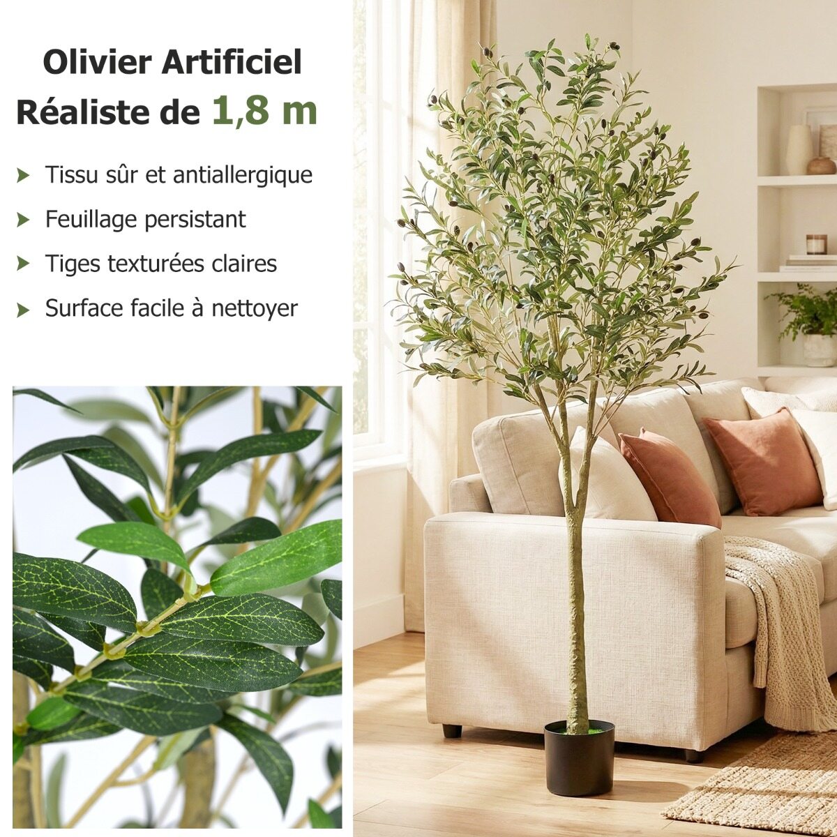 Kunstlik oliivipuu, võlts oliivitaim, 180 cm kõrge, plastpotiga, 1296 lehte, 72 vilja, roheline taim