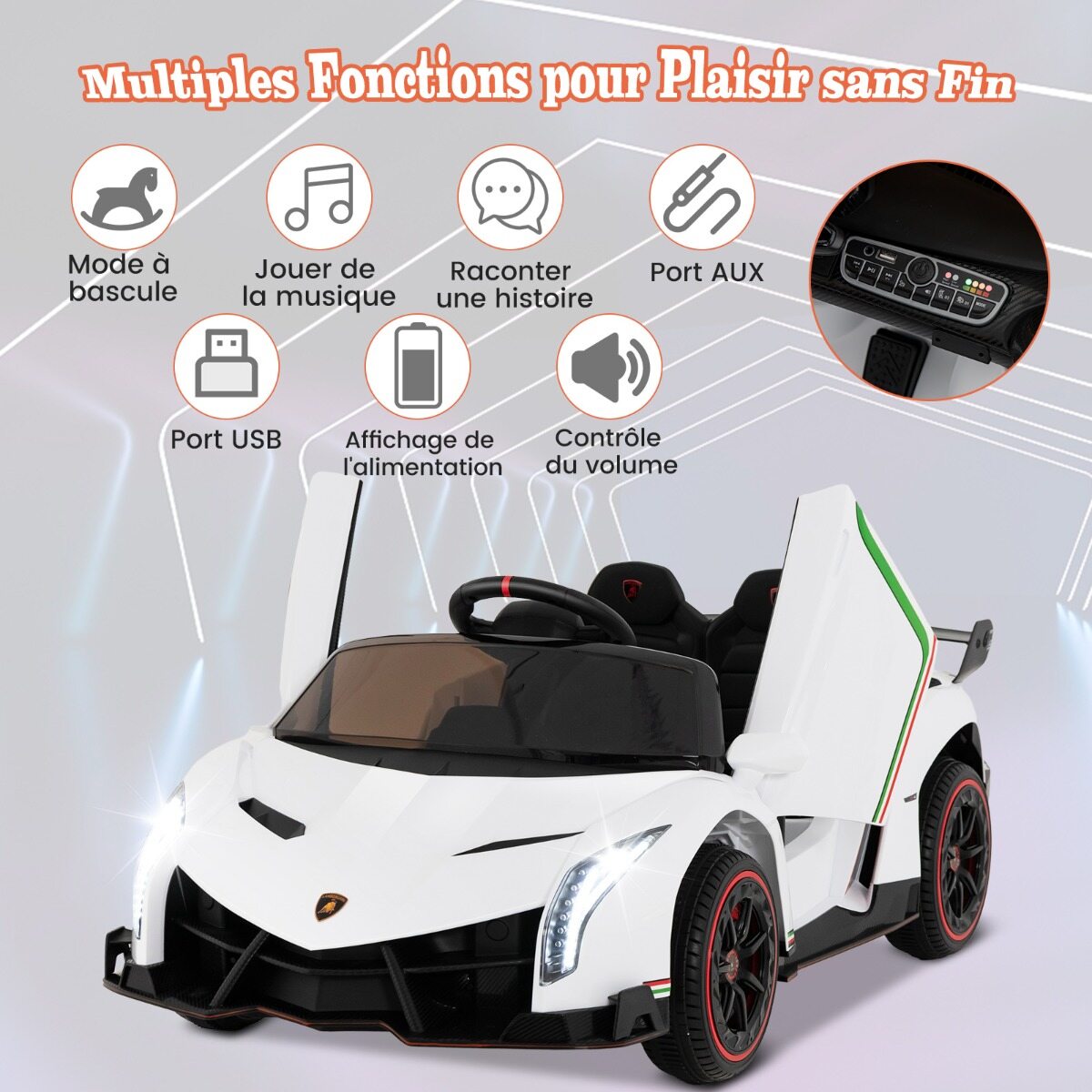 Laste Lamborghini elektriauto puldiga, LED-esituled, signaal ja muusika, valge