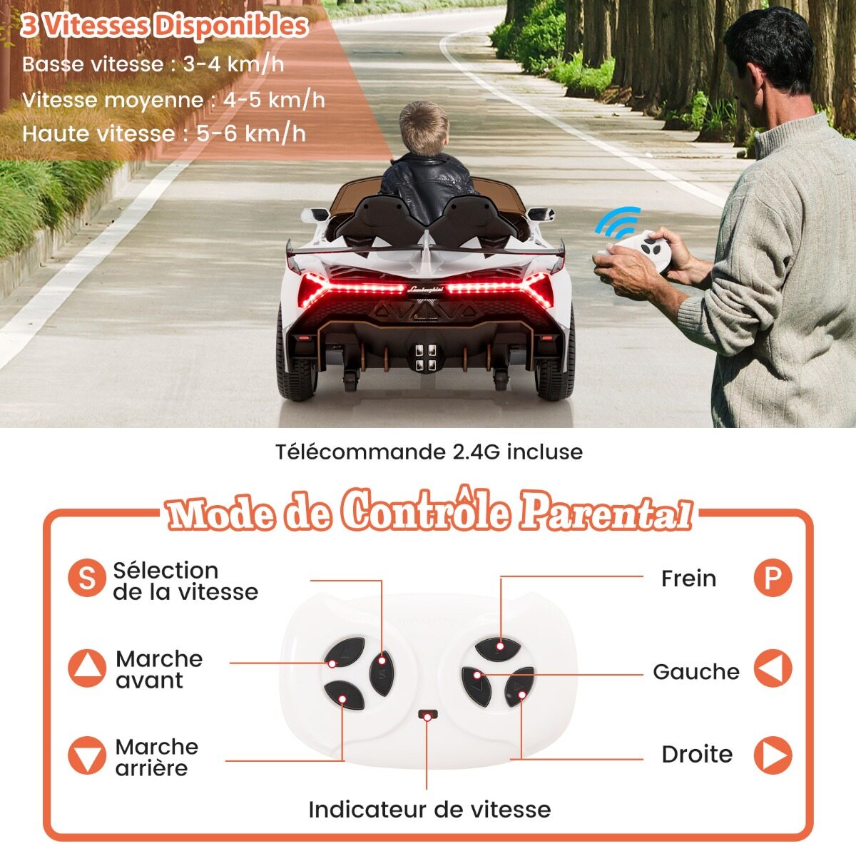 Laste Lamborghini elektriauto puldiga, LED-esituled, signaal ja muusika, valge