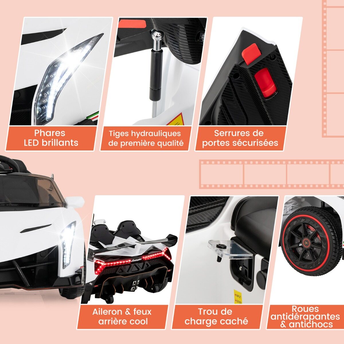 Laste Lamborghini elektriauto puldiga, LED-esituled, signaal ja muusika, valge