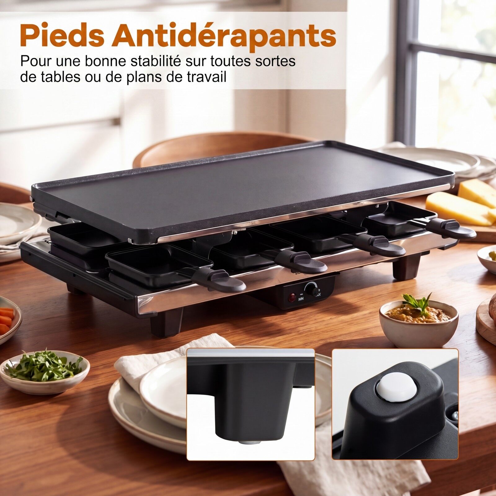 1400 W 2-ühes raclette-grill pööratava mittenakkuva plaadiga, 8 panni, 8 puidust spaatli ja tangidega, reguleeritav temperatuur, 48x24x12cm, must