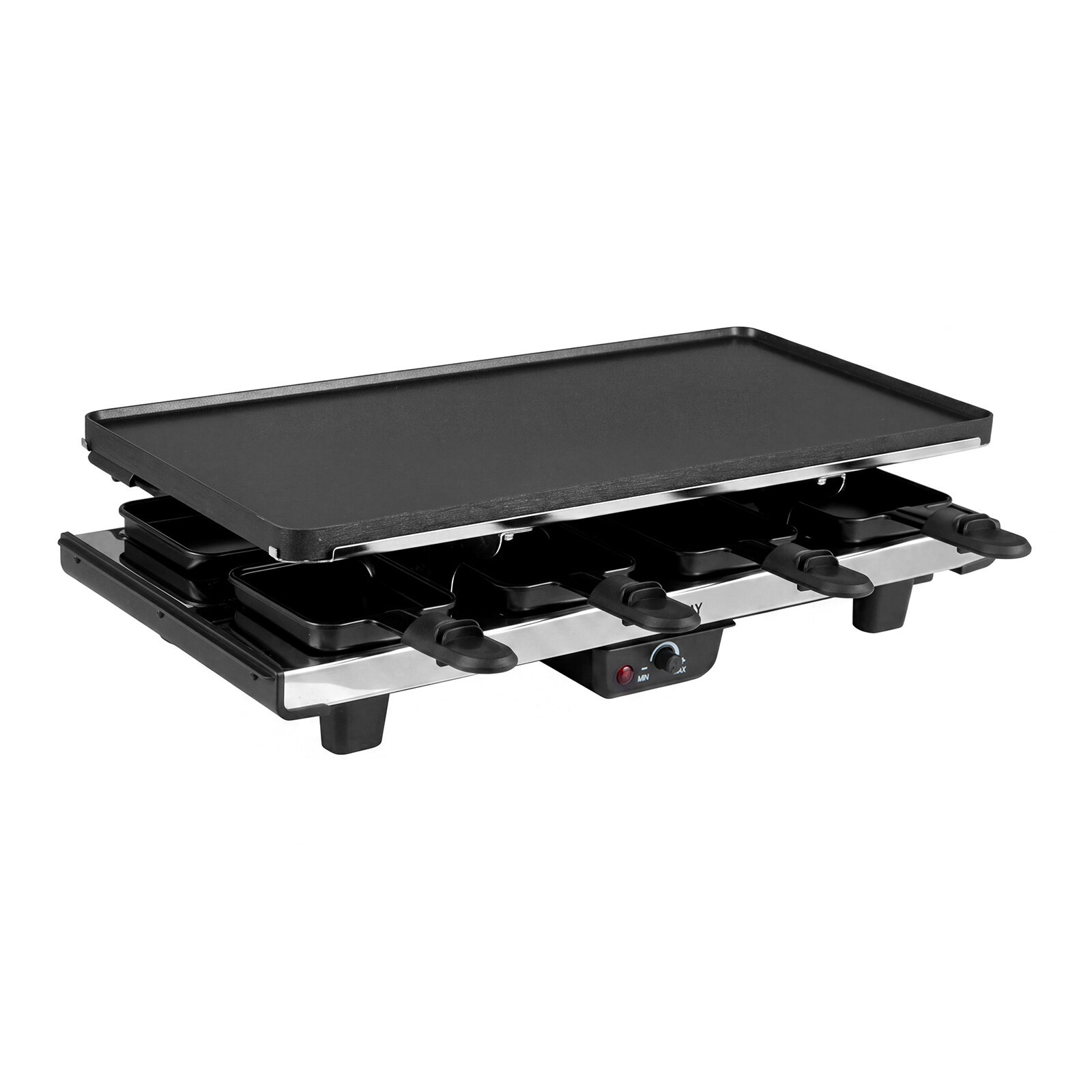 1400 W 2-ühes raclette-grill pööratava mittenakkuva plaadiga, 8 panni, 8 puidust spaatli ja tangidega, reguleeritav temperatuur, 48x24x12cm, must