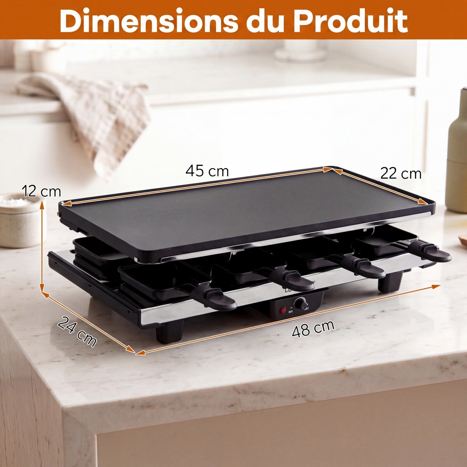 1400 W 2-ühes raclette-grill pööratava mittenakkuva plaadiga, 8 panni, 8 puidust spaatli ja tangidega, reguleeritav temperatuur, 48x24x12cm, must