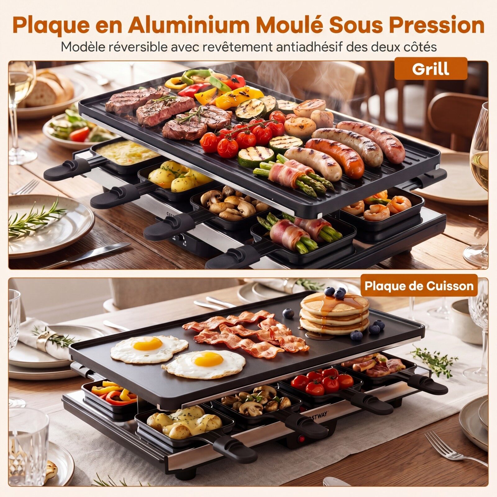 1400 W 2-ühes raclette-grill pööratava mittenakkuva plaadiga, 8 panni, 8 puidust spaatli ja tangidega, reguleeritav temperatuur, 48x24x12cm, must