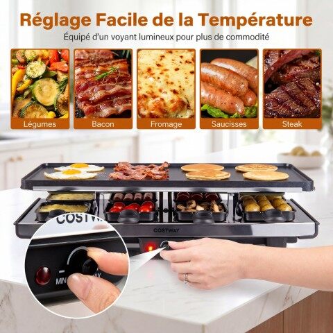 1400 W 2-ühes raclette-grill pööratava mittenakkuva plaadiga, 8 panni, 8 puidust spaatli ja tangidega, reguleeritav temperatuur, 48x24x12cm, must