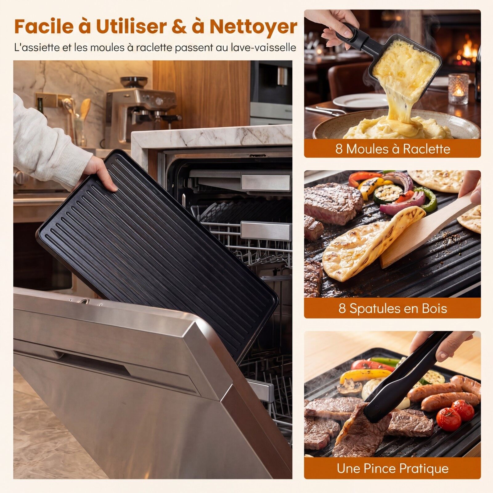 1400 W 2-ühes raclette-grill pööratava mittenakkuva plaadiga, 8 panni, 8 puidust spaatli ja tangidega, reguleeritav temperatuur, 48x24x12cm, must