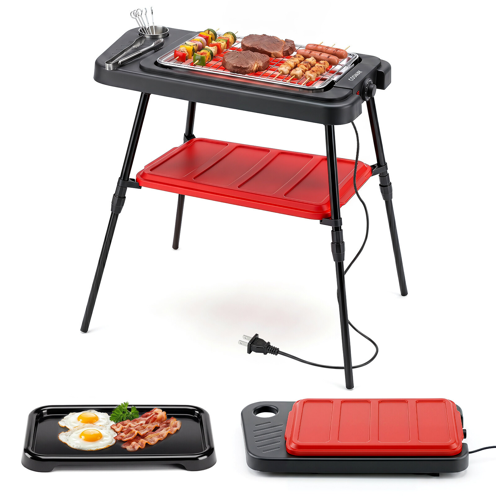 2-ühes elektrigrill, 2000 W, kaasaskantav, reguleeritava kõrgusega, küpsetusplaat ja grill, sisseehitatud termostaat, eemaldatavad jalad, must