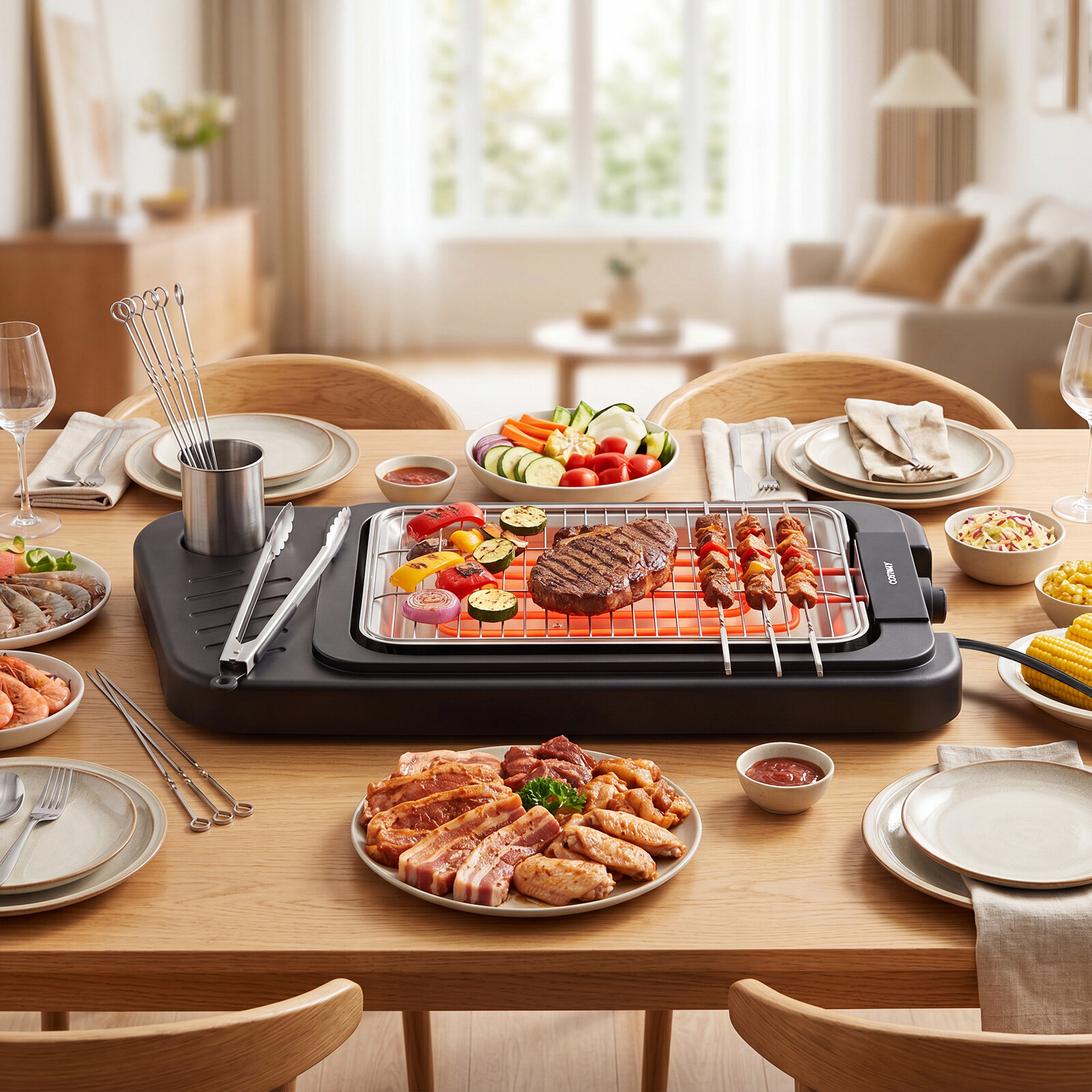 2-ühes elektrigrill, 2000 W, kaasaskantav, reguleeritava kõrgusega, küpsetusplaat ja grill, sisseehitatud termostaat, eemaldatavad jalad, must