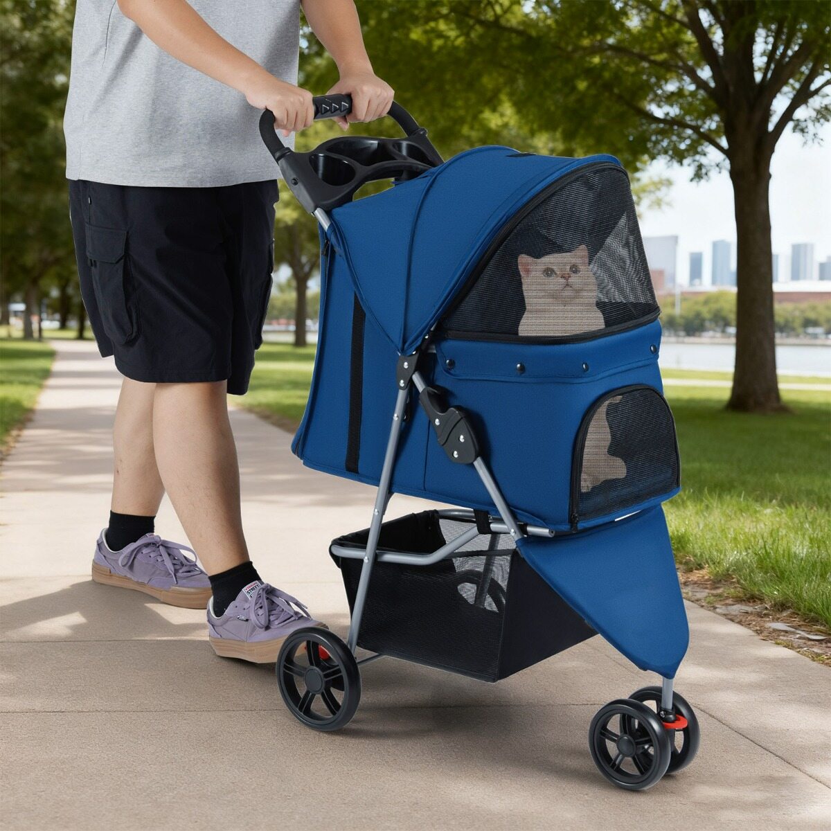 Kokkupandav lemmikloomakäru, kerge käru reguleeritava varikatusega, eemaldatav ja pestav padi, hoiukorv, kandevõime 15 kg, hõbedane