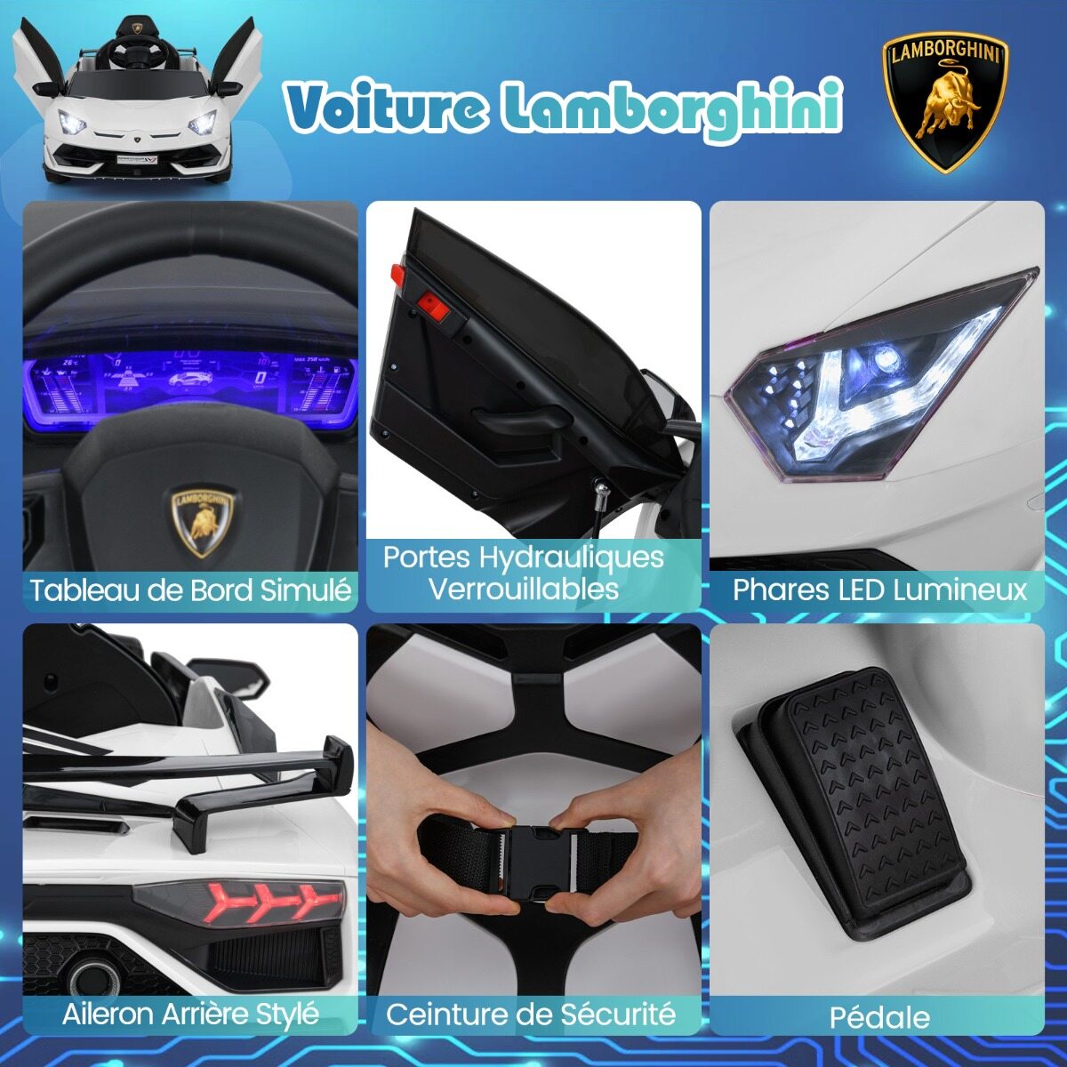 Litsentseeritud Lamborghini 12 V elektriline mänguauto lastele, puldiga elektrisõiduk valge