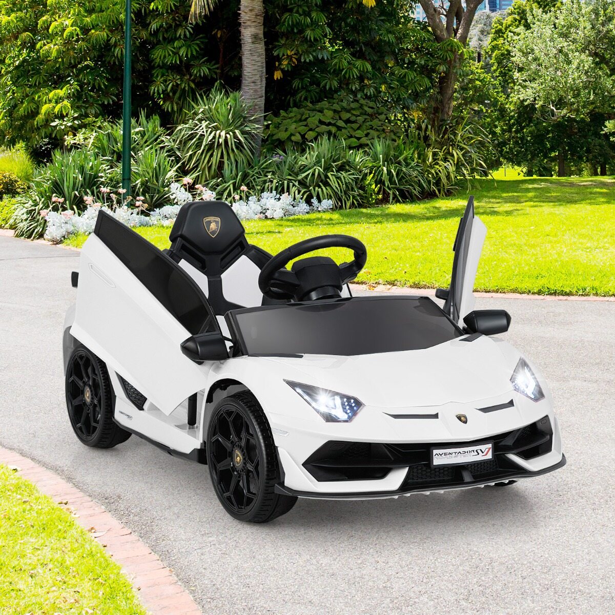 Litsentseeritud Lamborghini 12 V elektriline mänguauto lastele, puldiga elektrisõiduk valge