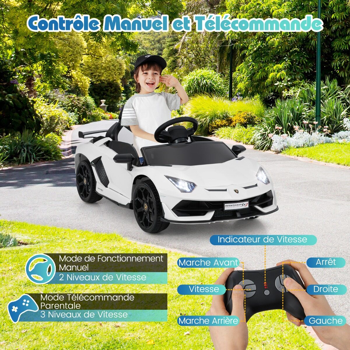Litsentseeritud Lamborghini 12 V elektriline mänguauto lastele, puldiga elektrisõiduk valge