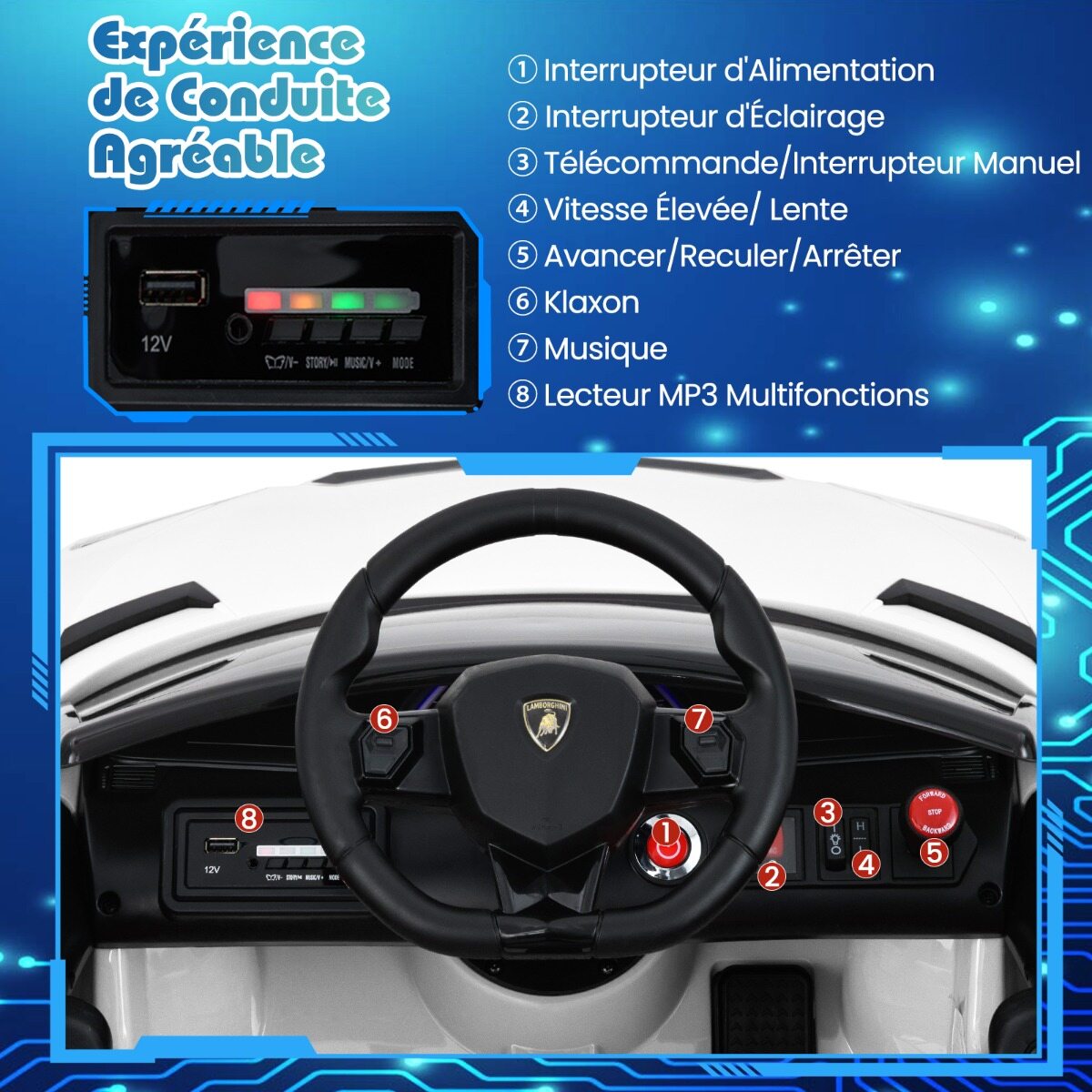 Litsentseeritud Lamborghini 12 V elektriline mänguauto lastele, puldiga elektrisõiduk valge