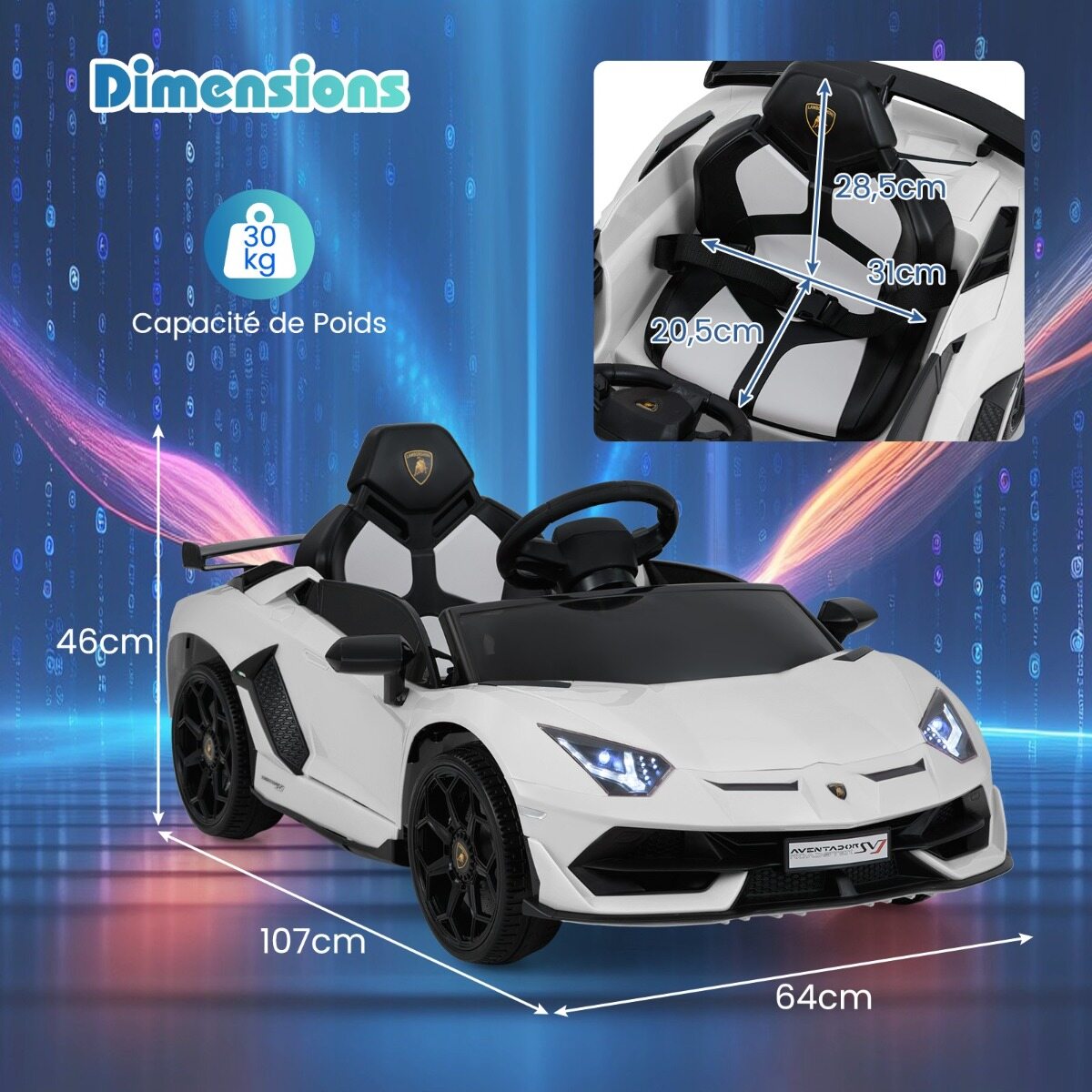 Litsentseeritud Lamborghini 12 V elektriline mänguauto lastele, puldiga elektrisõiduk valge