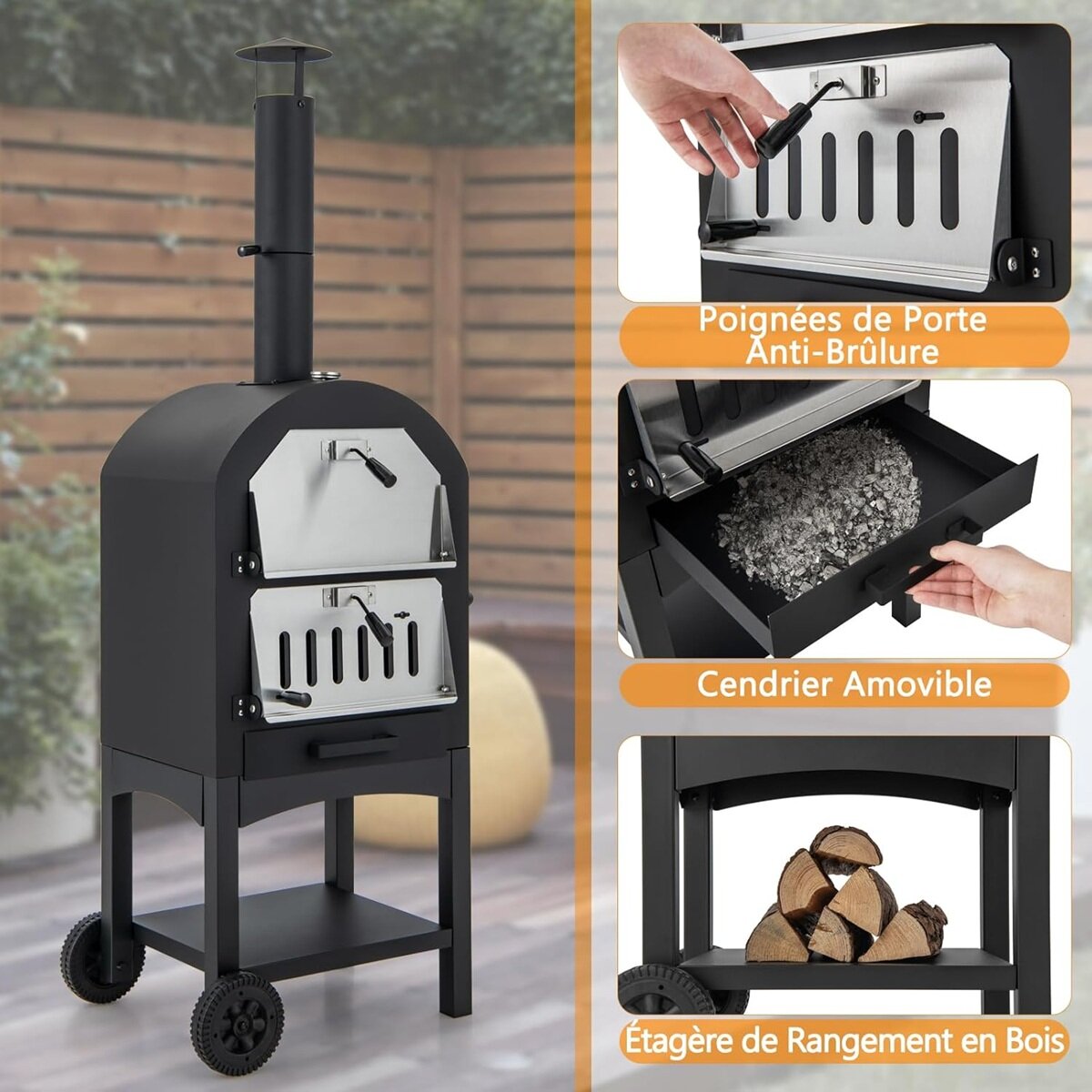 Wood-fired pizza oven freestanding garden grill with 2 wheels robust pizza grill for outdoor use Wood-fired pizza oven freestanding garden grill with 2 wheels robust pizza grill for outdoor use