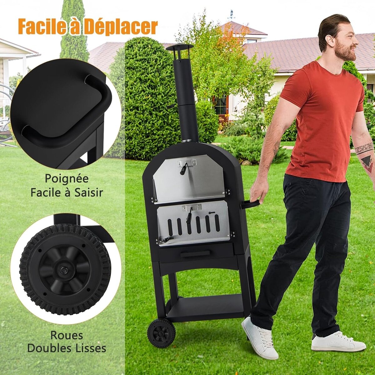 Costway Wood-fired pizza oven freestanding garden grill with 2 wheels robust pizza grill for outdoor use
