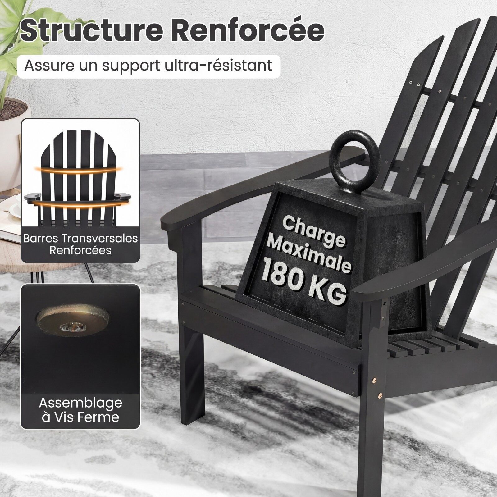 Adirondacki terrassitool, akaatsiapuidust kaminatool kaldus istme ja kõrge seljatoega, ergonoomiline liistudega tool, must