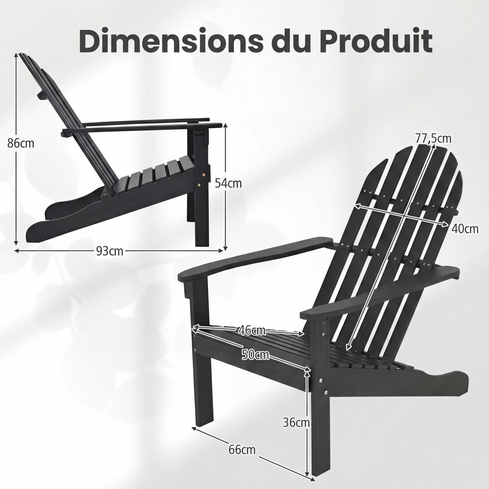 Adirondacki terrassitool, akaatsiapuidust kaminatool kaldus istme ja kõrge seljatoega, ergonoomiline liistudega tool, must